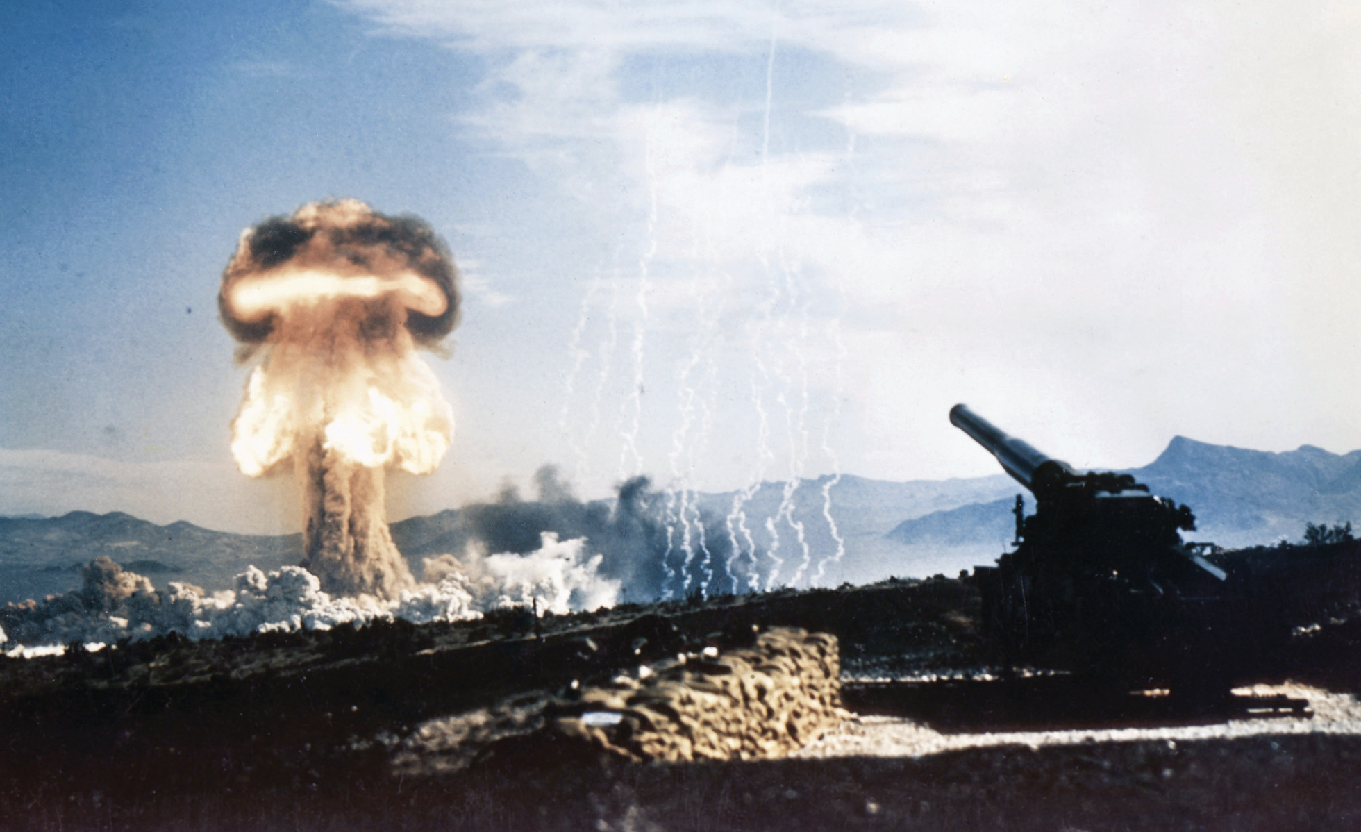 Grable event, part of Operation Upshot-Knothole, involved 15-kiloton nuclear weapons test using M9 280-millimeter Artillery Fired AtomicProjectile fired from M65 Atomic Cannon, May 25, 1953, in Area 5 of Nevada Test Site (DOD/National Nuclear Security Administration)